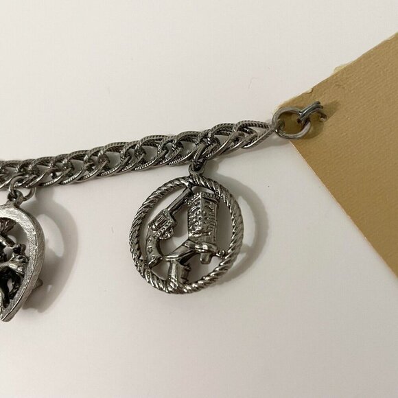 Vintage Western Faux Turquoise Charm Bracelet Cowboy Boots Horse Carriage Flaws - Picture 10 of 16